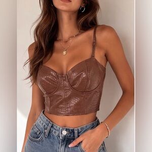 EXPRESS Brown Leather Corset Crop Tank Top Vintage Biker Women’s Sz XS EUC